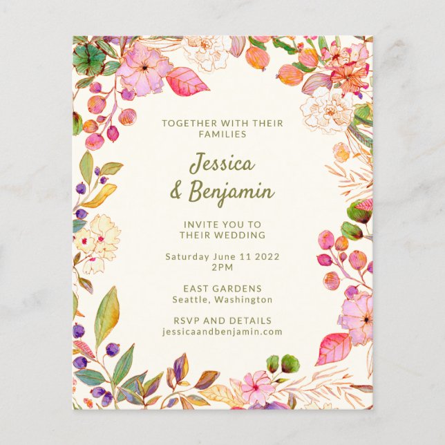 Budget Colorful Watercolor Floral Wedding Invite (Front)