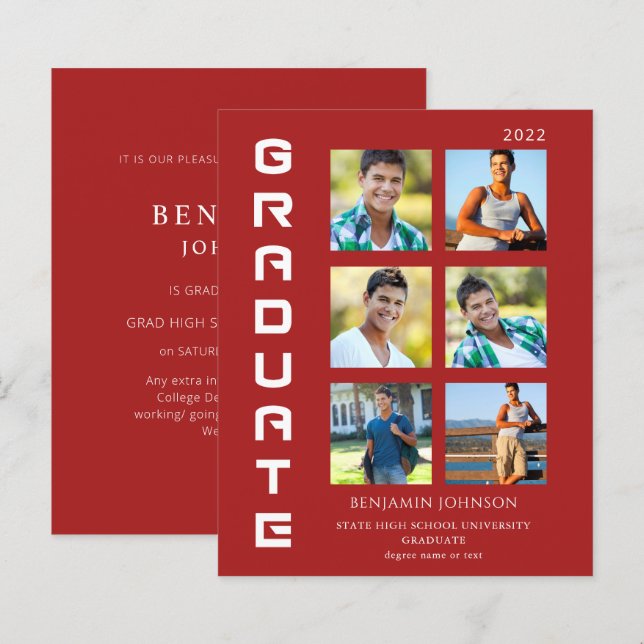 Budget Colors White & Red Graduate Multi Photo  (Front/Back)