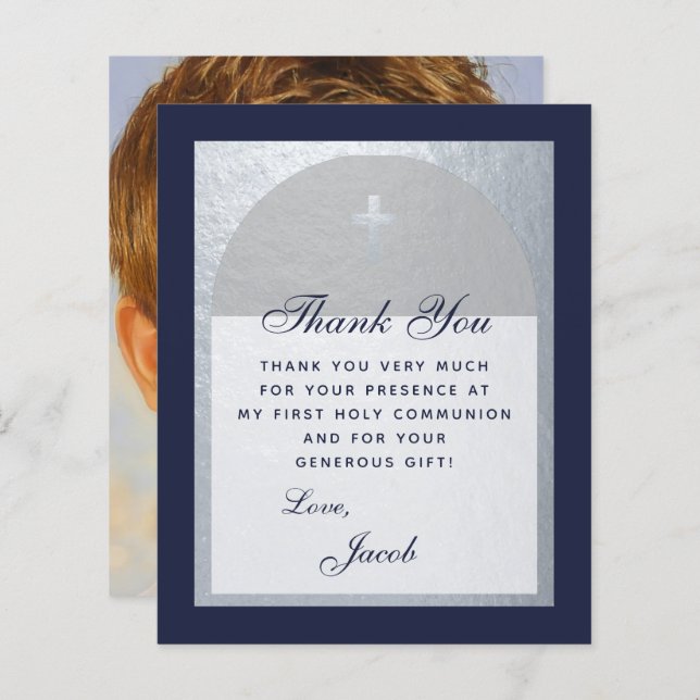 Budget Communion Navy Blue Silver Thank You Card (Front/Back)