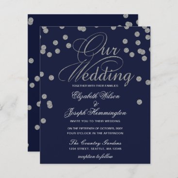 Budget Confetti Navy Silver Wedding Invitation