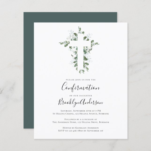 BUDGET Confirmation Invitation | Eucalyptus Cross (Front/Back)