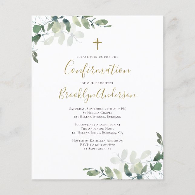 BUDGET Confirmation Invitation | Eucalyptus Gold (Front)
