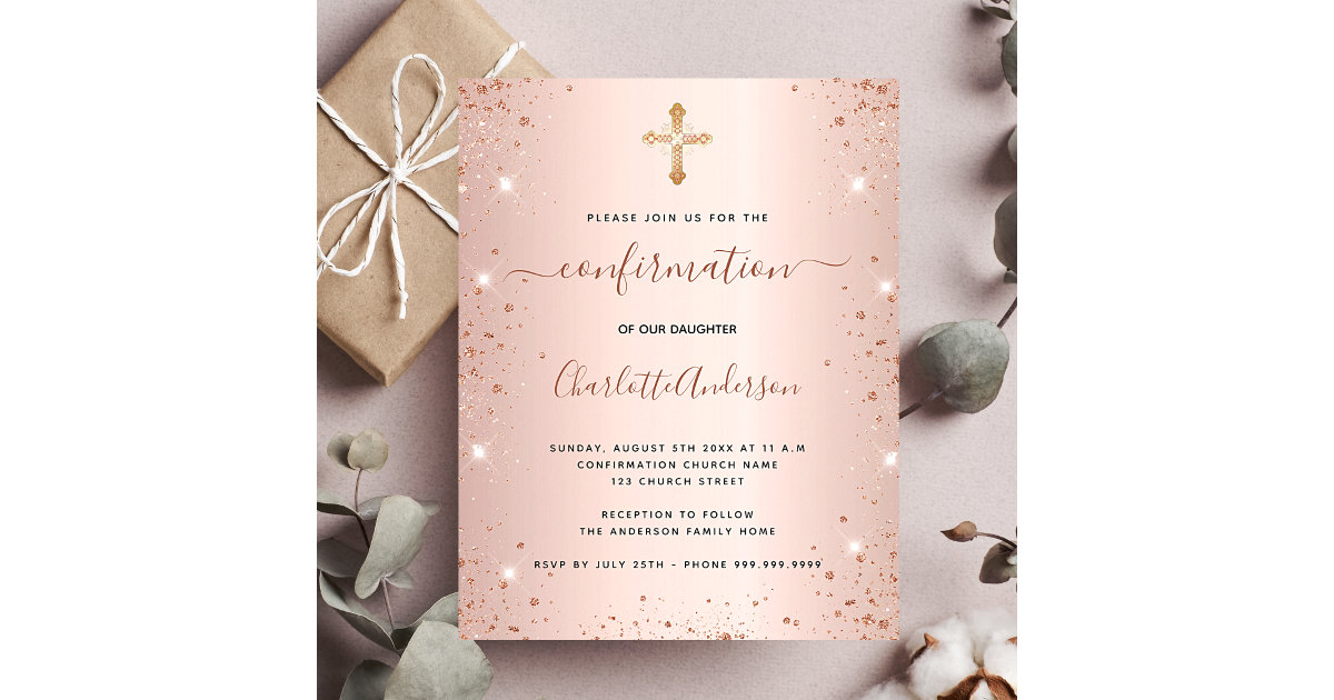 Rose gold glitter pink ombre white confirmation invitation, Zazzle