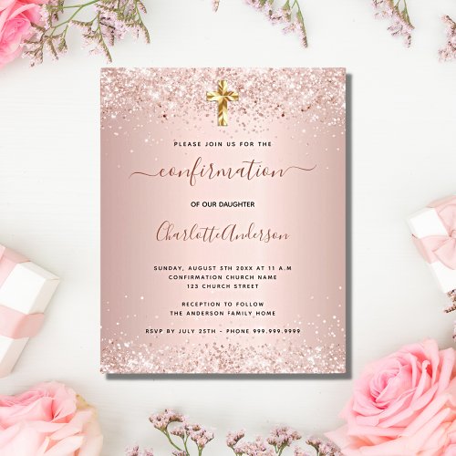 Budget confirmation rose gold glitter invitation