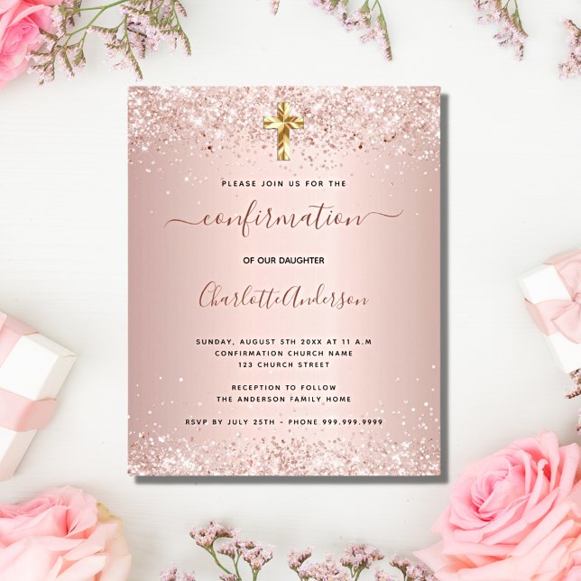 Budget confirmation rose gold glitter invitation (Creator Uploaded)