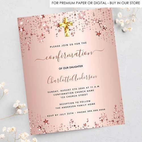 Budget confirmation rose gold star girl invitation
