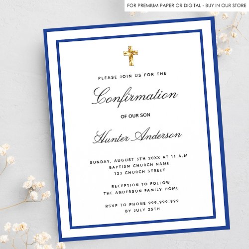 Budget confirmation royal blue white invitation