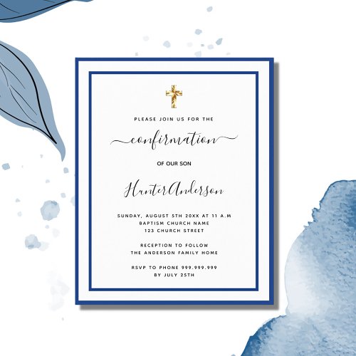 Budget confirmation royal blue white invitation