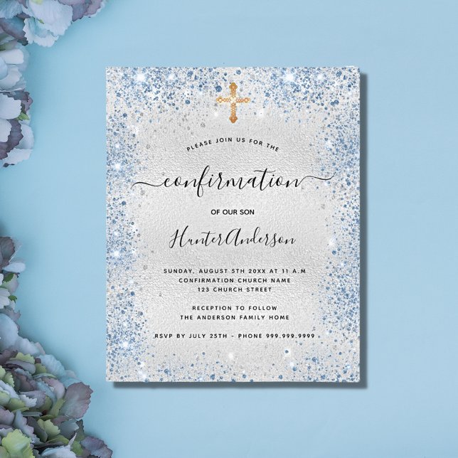 Budget confirmation silver glitter blue invitation (Creator Uploaded)