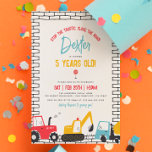 Budget Construction Vehicles Boy Birthday Party<br><div class="desc">Budget construction-themed boy birthday party invitations. Celebrate your little one's special day with this modern building trucks birthday invite! A fun birthday party invitation template for a construction-themed birthday party! This design features three construction vehicles: a tractor, a digger, and a cement truck along the bottom of the card. The...</div>