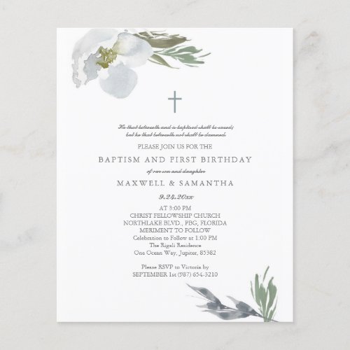 Budget Cool Gray Watercolor Florals Twins Baptism Flyer