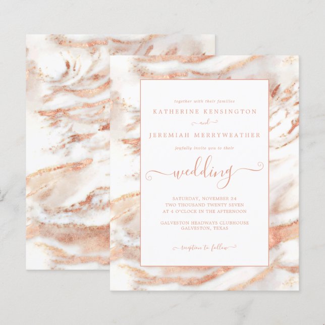Budget Copper Rose Gold Marble Wedding Invitation (Front/Back)