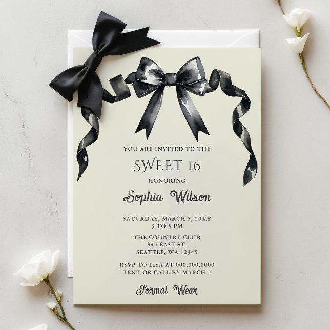 Budget Coquette Black Bow Sweet 16 Invitation (Budget Elegant Watercolor Coquette Black Bow Sweet 16 Invitation)