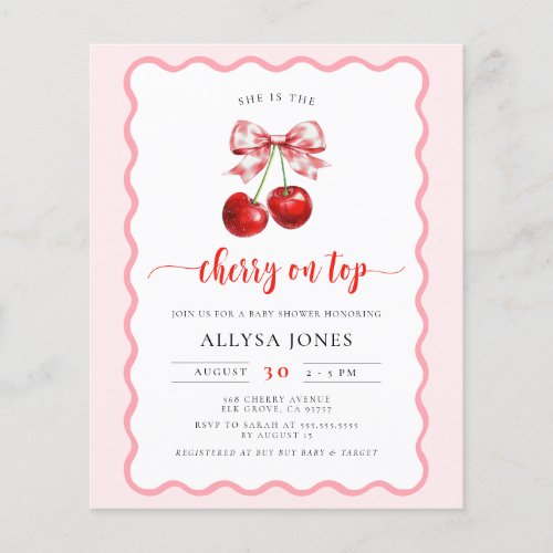 Budget Coquette Cherry On Top Baby Shower Invite