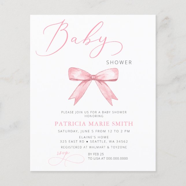 Budget Coquette Pink Bow Girl Baby Shower (Front)