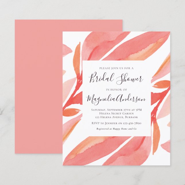 Budget Coral Botanical Bridal Shower Invitation (Front/Back)