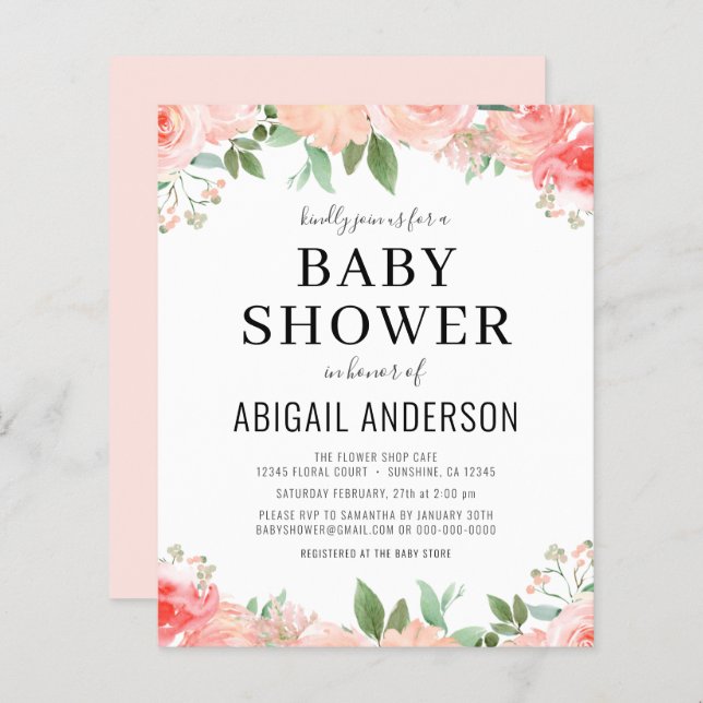 Budget Coral Floral Baby Shower Invitation (Front/Back)