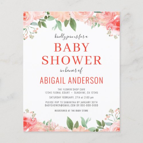 Budget Coral Floral Baby Shower Invitation Flyer