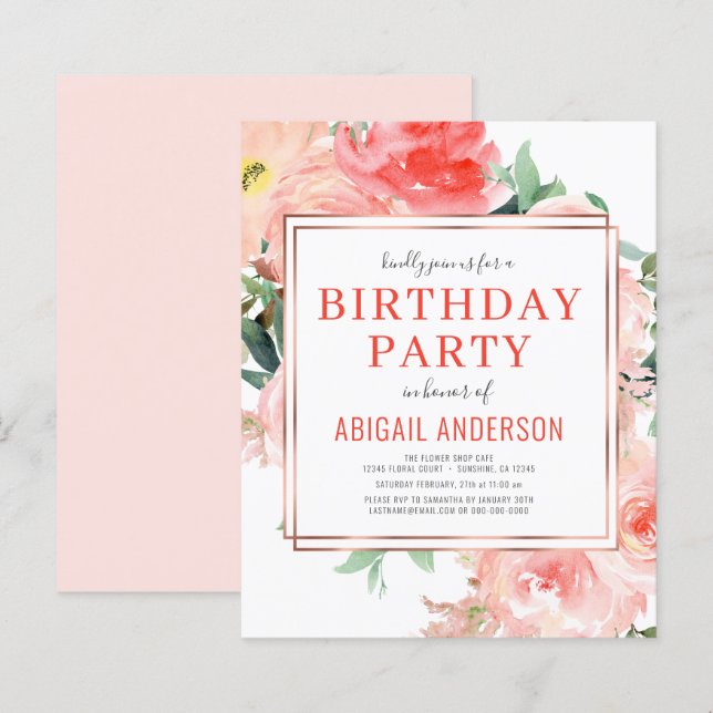 Budget Coral Floral Birthday Party Invitation (Front/Back)