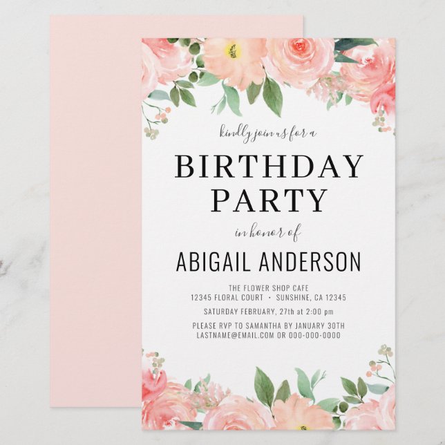 Budget Coral Floral Girly Birthday Invitation (Front/Back)