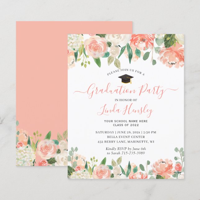 Budget Coral Floral Graduation Party Invitation (Front/Back)