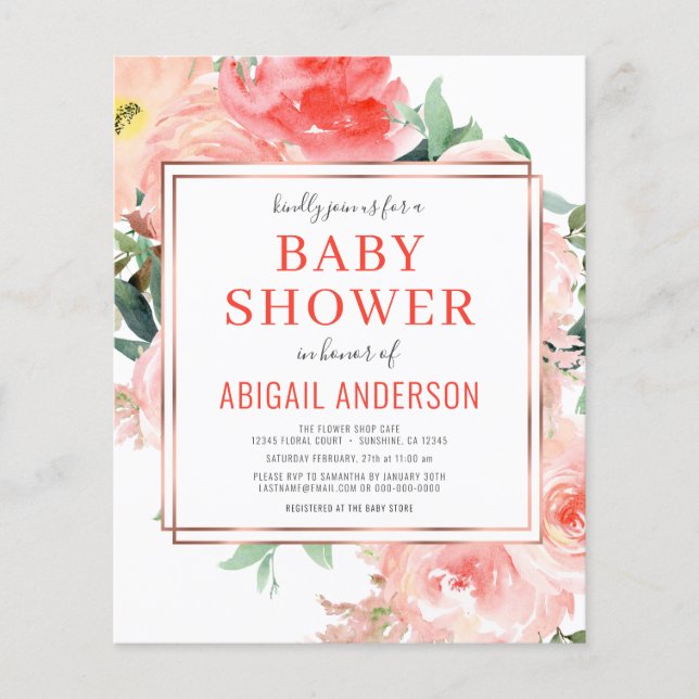 Budget Coral Floral Peach Baby Shower Invitation Flyer (Front)