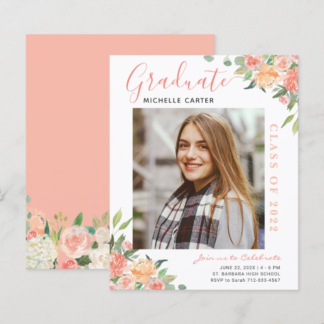 Budget Coral Floral Photo Graduation Announcement (Front/Back)