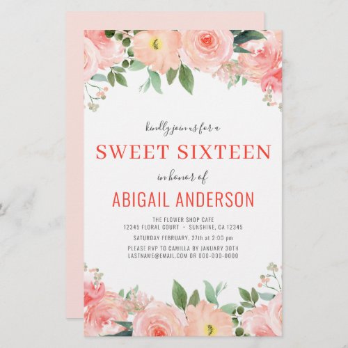 Budget Coral Floral Sweet 16 Birthday Invitation