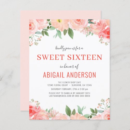 Budget Coral Floral Sweet 16 Birthday Invitation