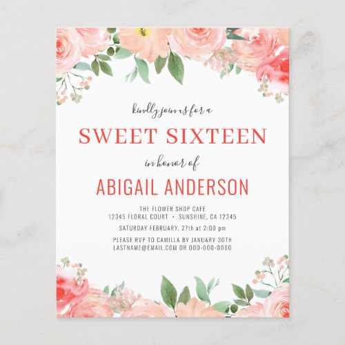 Budget Coral Floral Sweet 16 Birthday Invitation Flyer