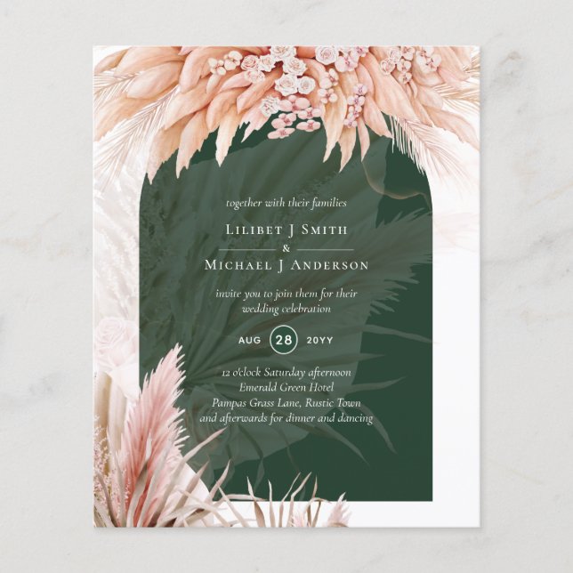 BUDGET Coral Pampas Grass Green Wedding Flyer (Front)
