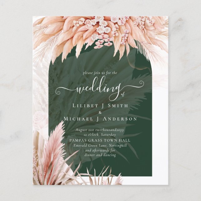 BUDGET Coral Pampas Grass Green Wedding Flyer (Front)