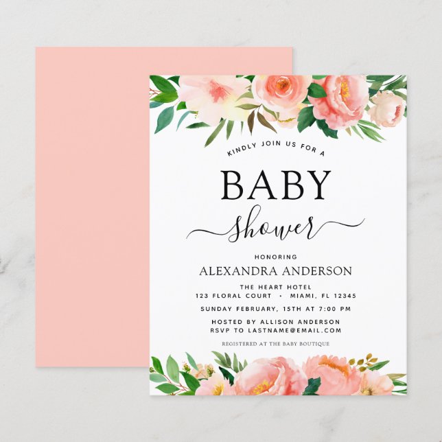 Budget Coral Peach Baby Shower Floral Invitation (Front/Back)