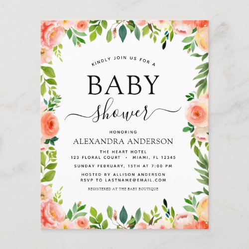 Budget Coral Peach Baby Shower Floral Invitation Flyer