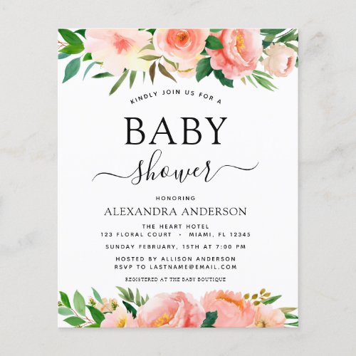 Budget Coral Peach Baby Shower Floral Invitation Flyer