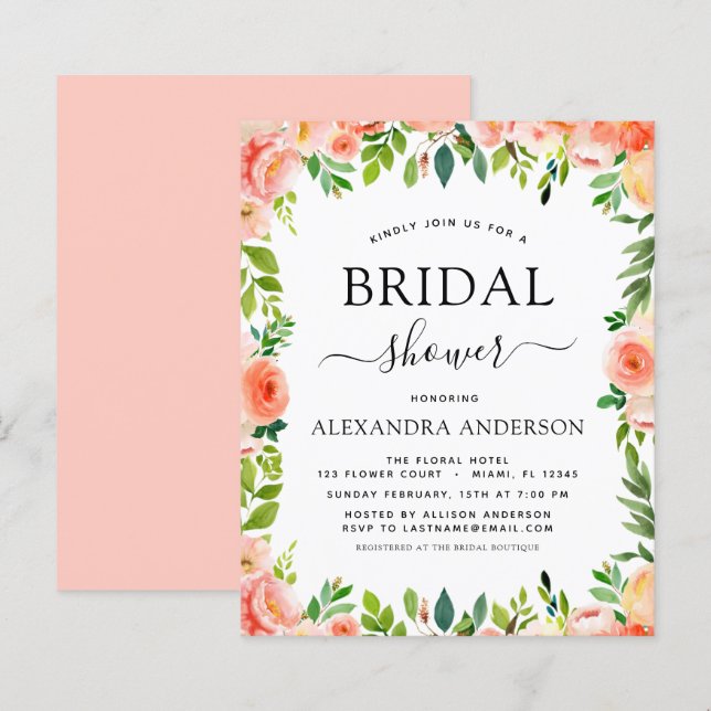 Budget Coral Peach Bridal Shower Floral Invitation (Front/Back)