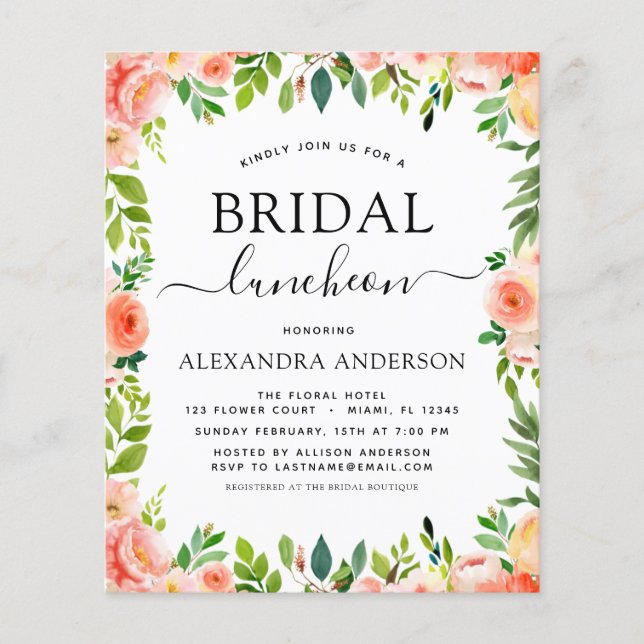Budget Coral Peach Bridal Shower Luncheon Flyer (Front)