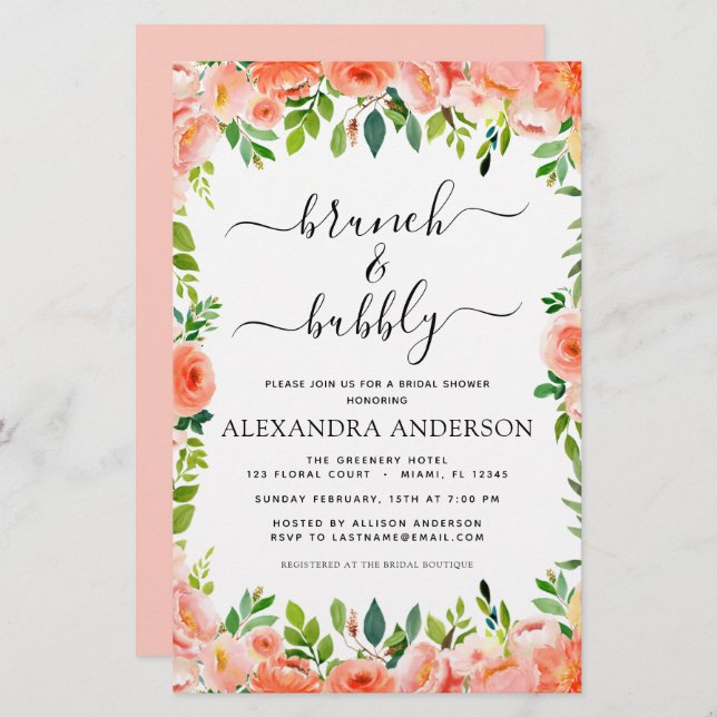 Budget Coral Peach Brunch & Bubbly Bridal Shower (Front/Back)