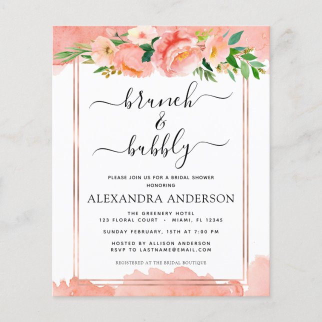 Budget Coral Peach Brunch & Bubbly Bridal Shower (Front)
