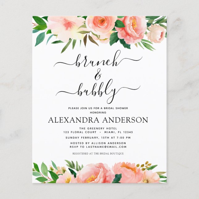 Budget Coral Peach Brunch & Bubbly Bridal Shower Flyer (Front)