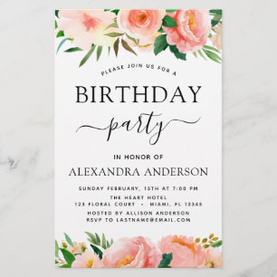 Budget Coral Peach Floral Birthday Invitation