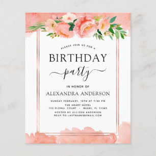 Budget Coral Peach Floral Birthday Invitation