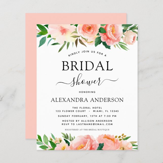 Budget Coral Peach Floral Bridal Shower Invitation (Front/Back)