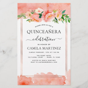 Budget Coral Peach Floral Quinceañera Invitation