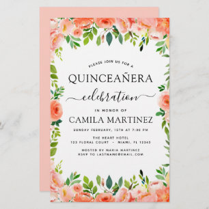 Budget Coral Peach Floral Quinceañera Invitation
