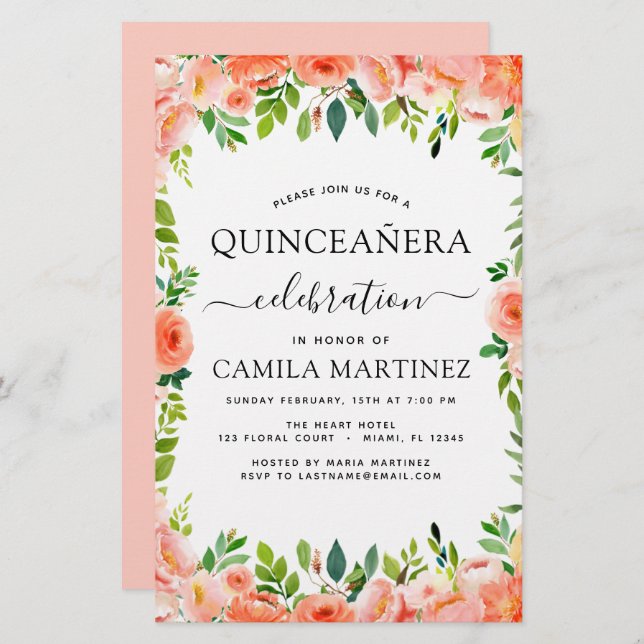 Budget Coral Peach Floral Quinceañera Invitation (Front/Back)