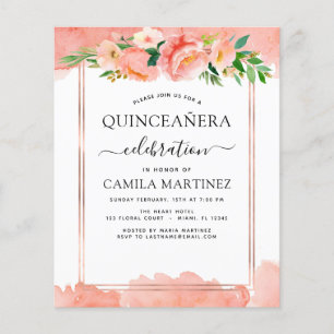 Budget Coral Peach Floral Quinceañera Invitation