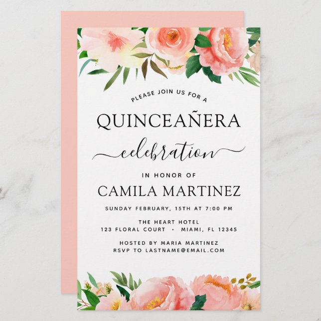 Budget Coral Peach Floral Quinceañera Invitation (Front/Back)