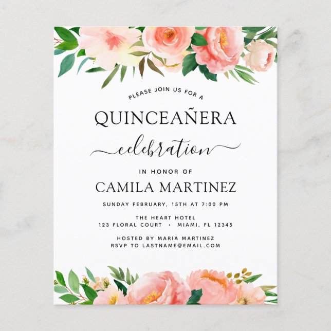 Budget Coral Peach Floral Quinceañera Invitation Flyer (Front)