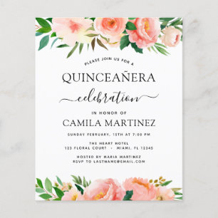 Budget Coral Peach Floral Quinceañera Invitation Flyer